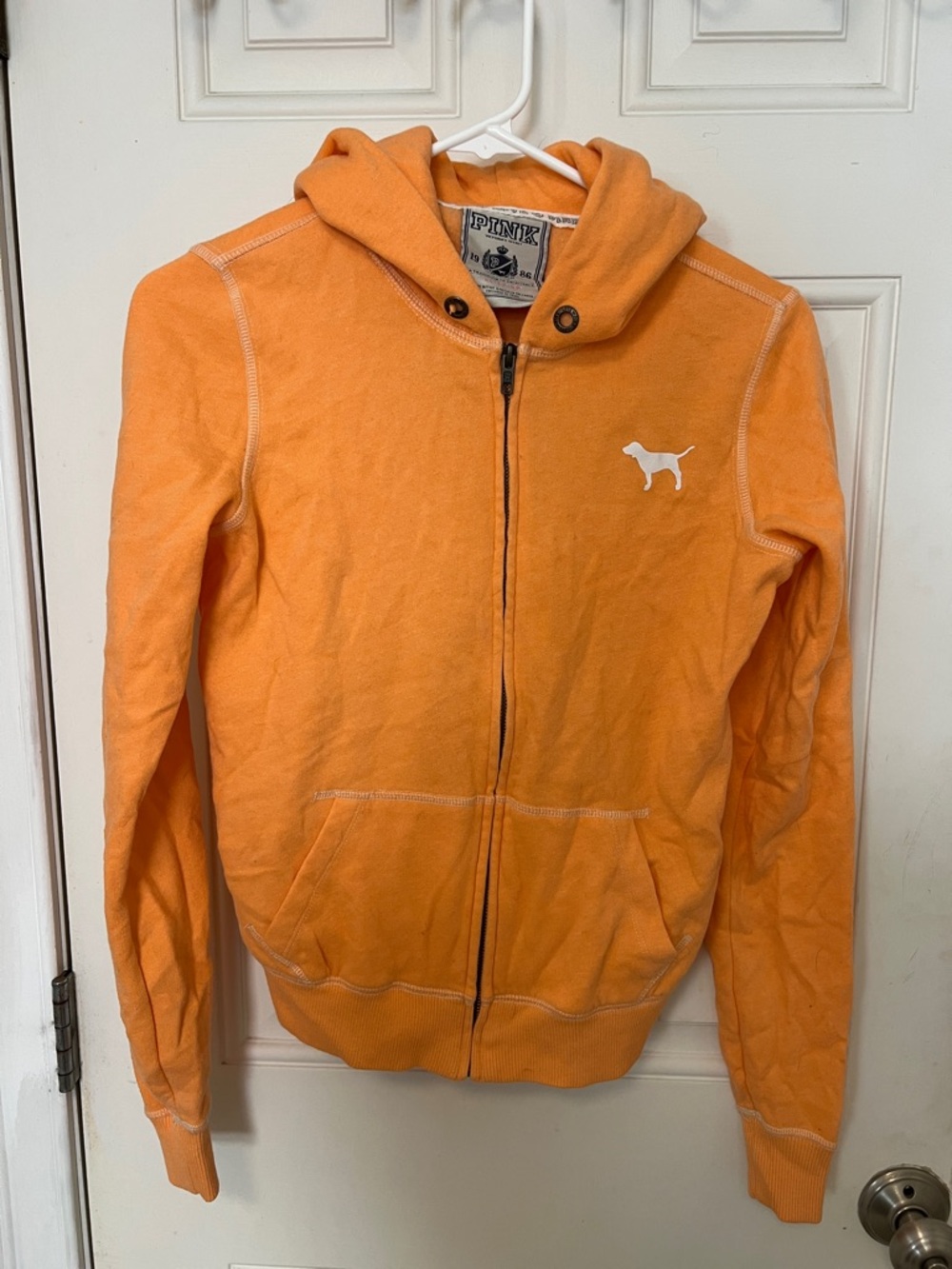PINK Victoria's Secret Orange Hooded Zip-Up with Dog Logo